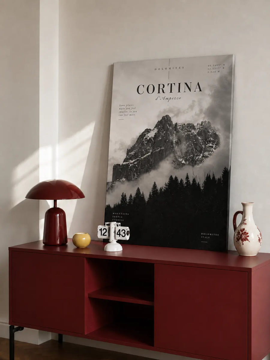 Cortina Mountain Art Print showing black and white alpine scenery with layered rocky peaks and a dense forest silhouette