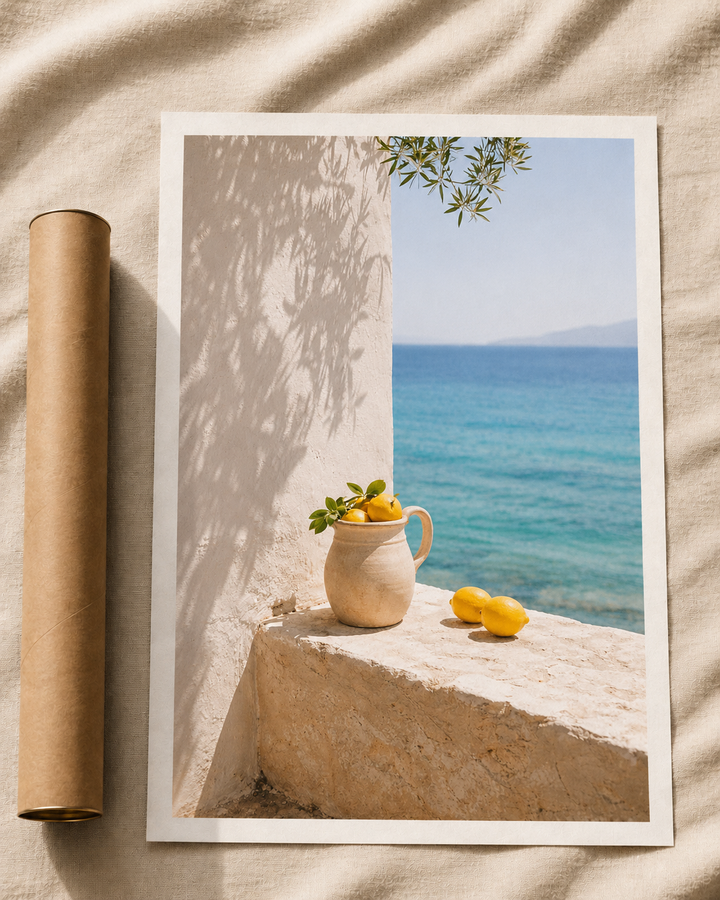 Mediterranean Sea View Print with a stone window opening onto calm turquoise water, a ceramic jug, and fresh lemons on the windowsill.