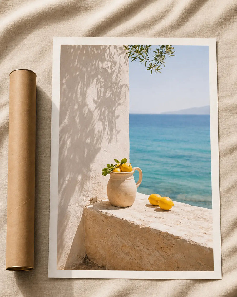 Mediterranean sea view wall print with vase, lemons, and stone ledge