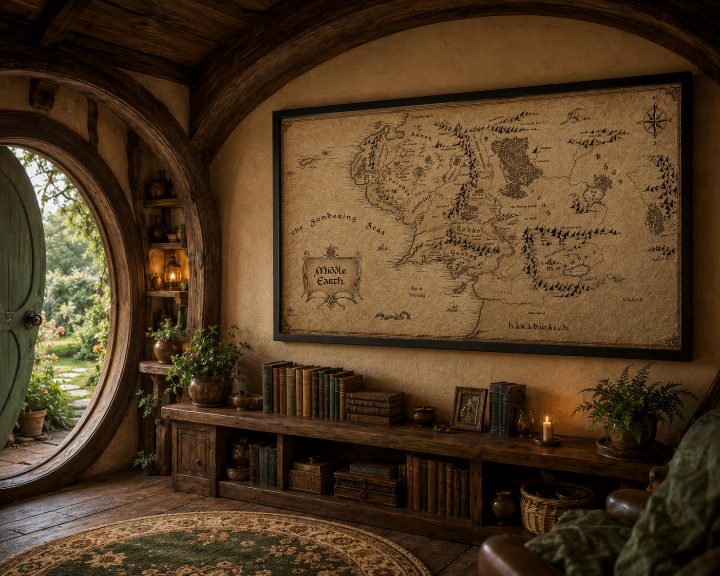 Framed parchment fantasy map on wall with compass rose