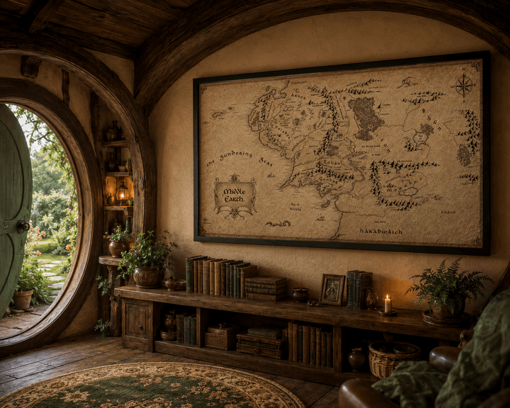 Framed parchment fantasy map on wall with compass rose