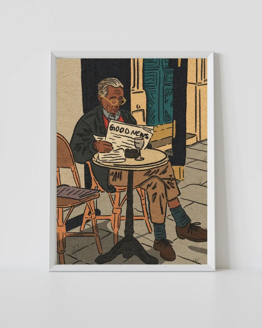 Impresión de ilustración de café con marco blanco, con dos personas sentadas a una mesa