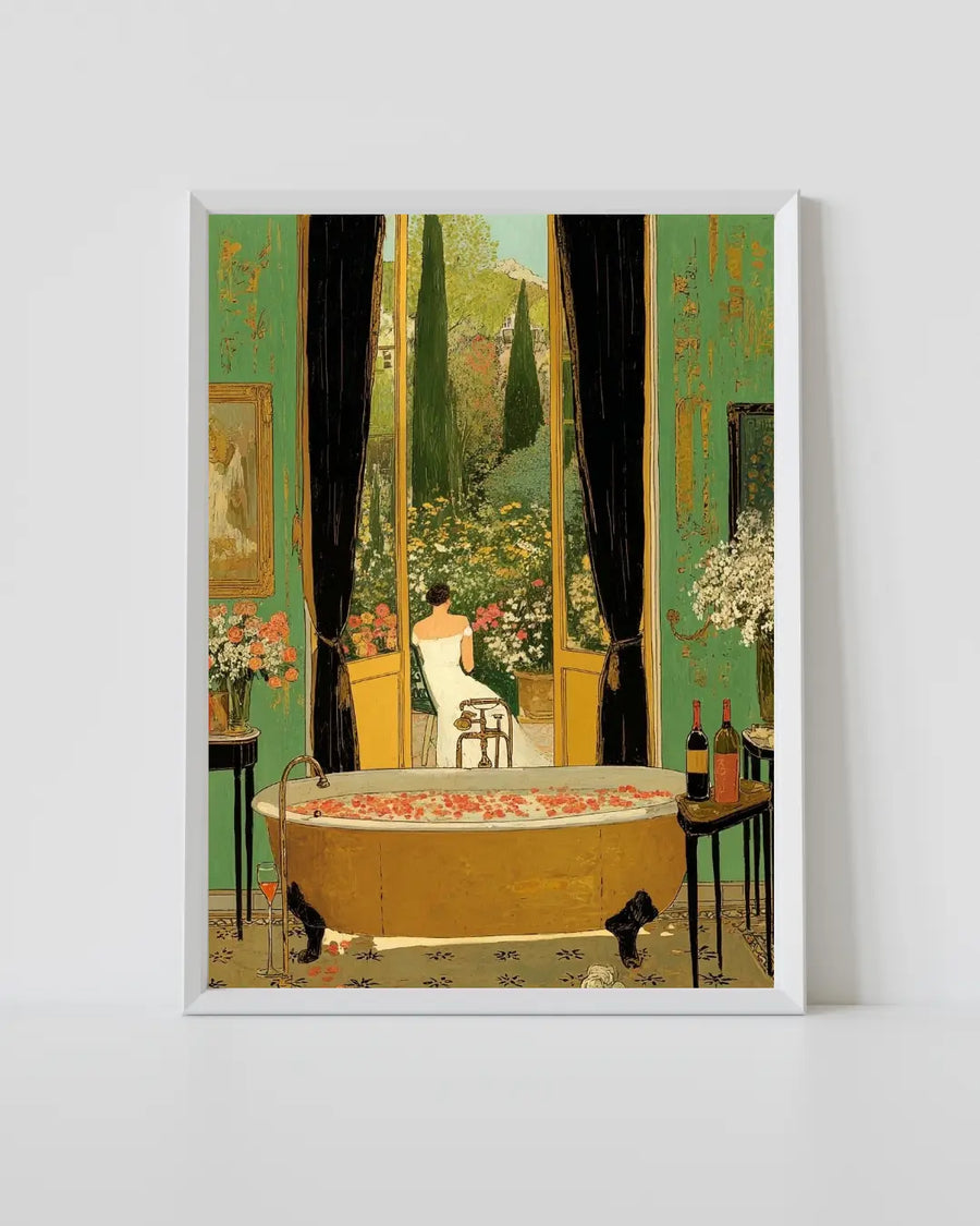Framed wall art print with garden scene: people near fountain, flowers and greenery
