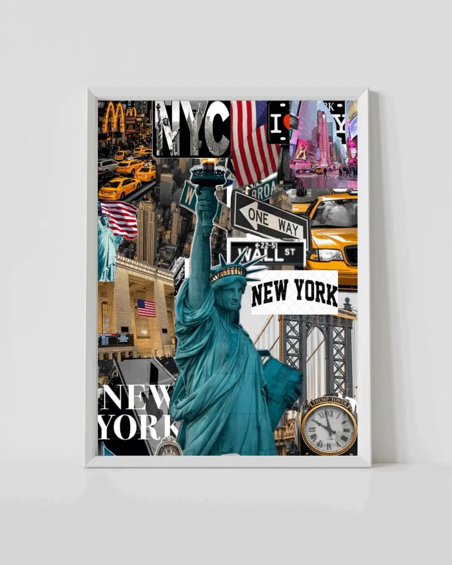 Framed NYC travel poster with Statue of Liberty and city street collage, white border