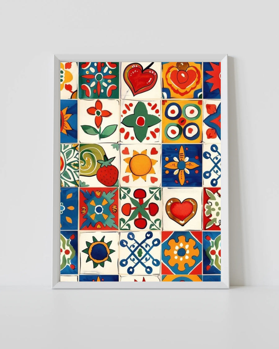 txt
Impresión enmarcada de arte mural mediterráneo con corazones y flores de azulejos de colores, marco blanco