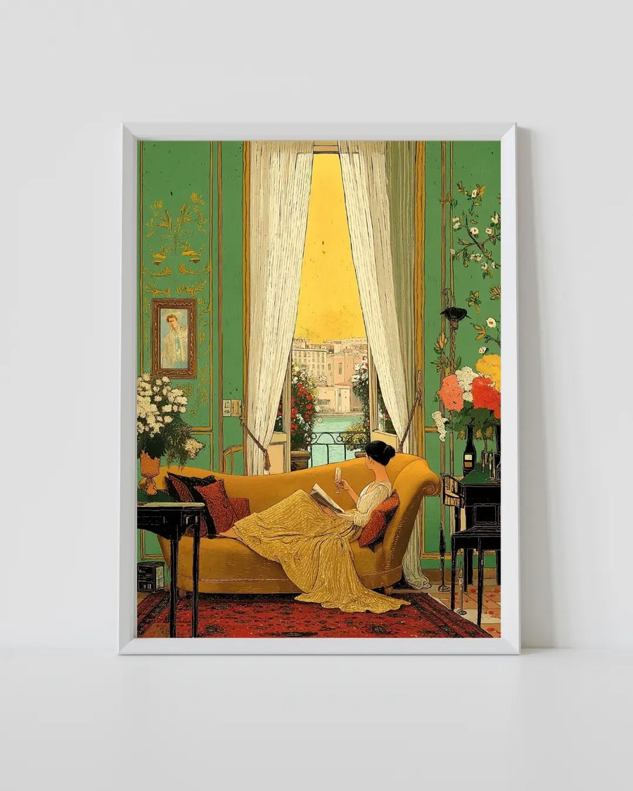 alt
Impresión artística con marco blanco, cortinas verdes, figura reclinada y vista de la ciudad por la ventana