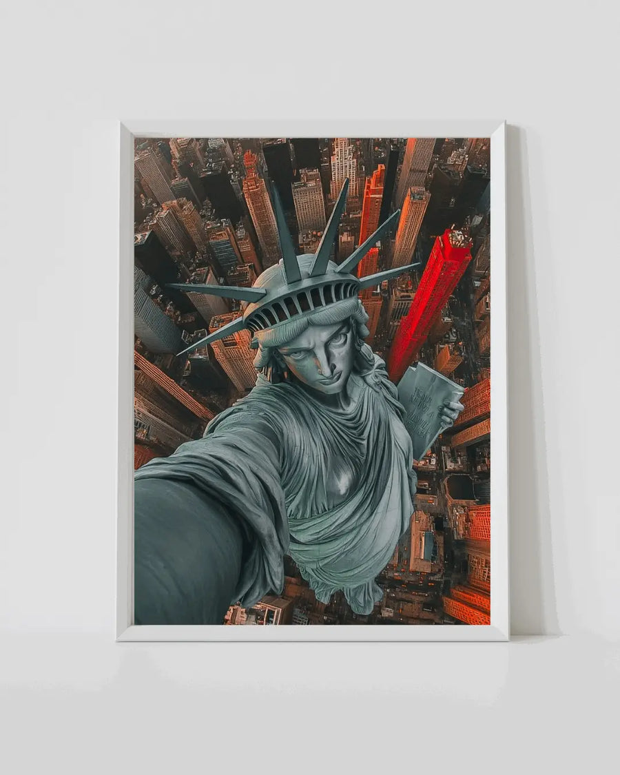 Framed Statue of Liberty print, white frame, blue statue with city skyline backdrop