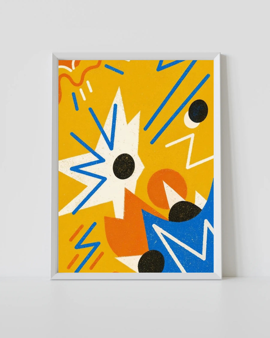 alt
Arte mural Memphis con estallido gráfico amarillo, formas naranjas y azules, puntos negros, marco blanco