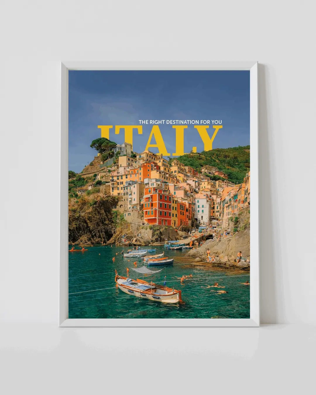 Coastal Italy travel poster with hillside buildings, boats, and yellow 'ITALY' title