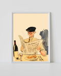 Impresión artística enmarcada con hombre ilustrado leyendo el periódico en una mesa, botella, copa de vino, plato