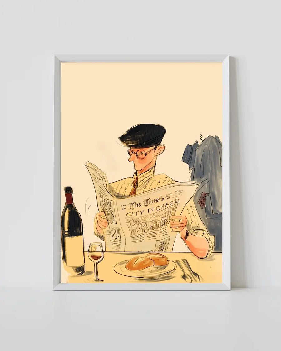 alt
Impresión artística enmarcada con hombre ilustrado leyendo el periódico en una mesa, botella, copa de vino, plato