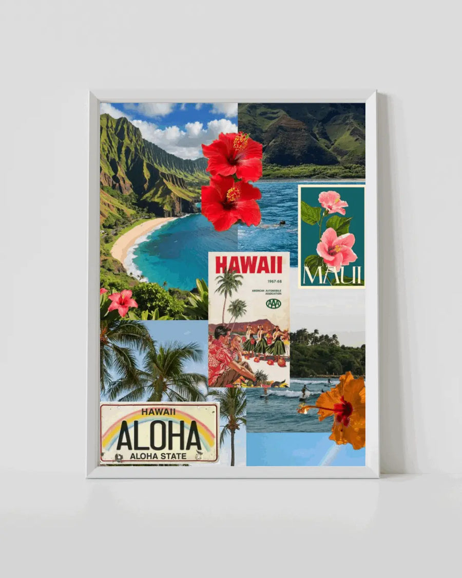 White-framed tropical Hawaii travel poster with beach, palms, and red flower collage