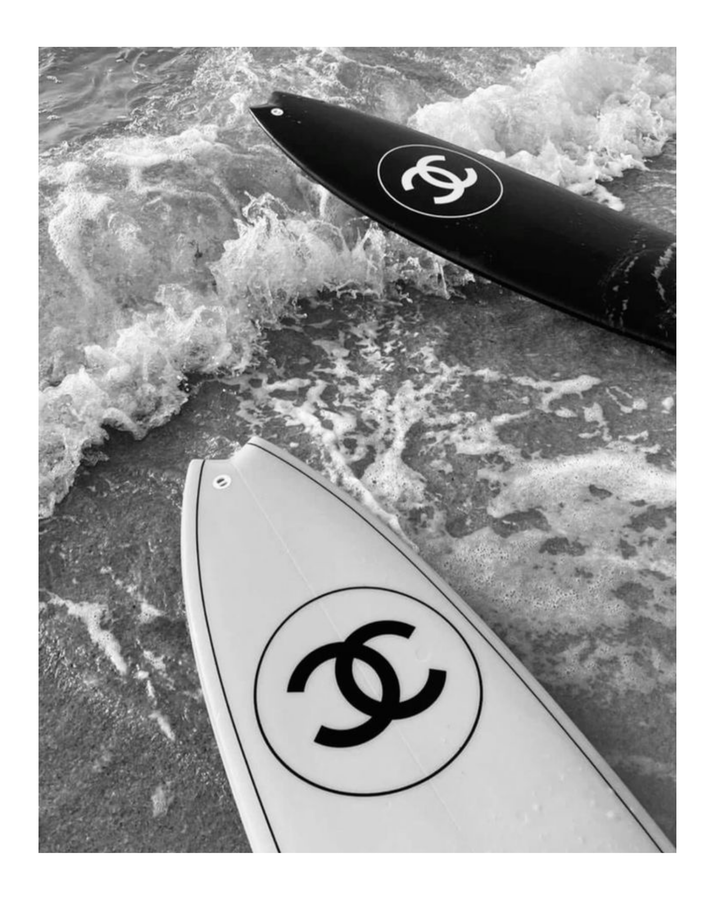 Surfboard Art Print bringing monochrome surfing imagery and coastal character into a modern living space