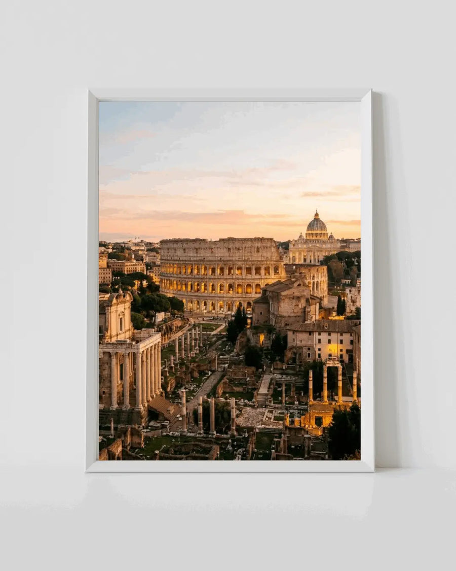 Framed Rome Colosseum wall art print with aerial city view and dome at sunset