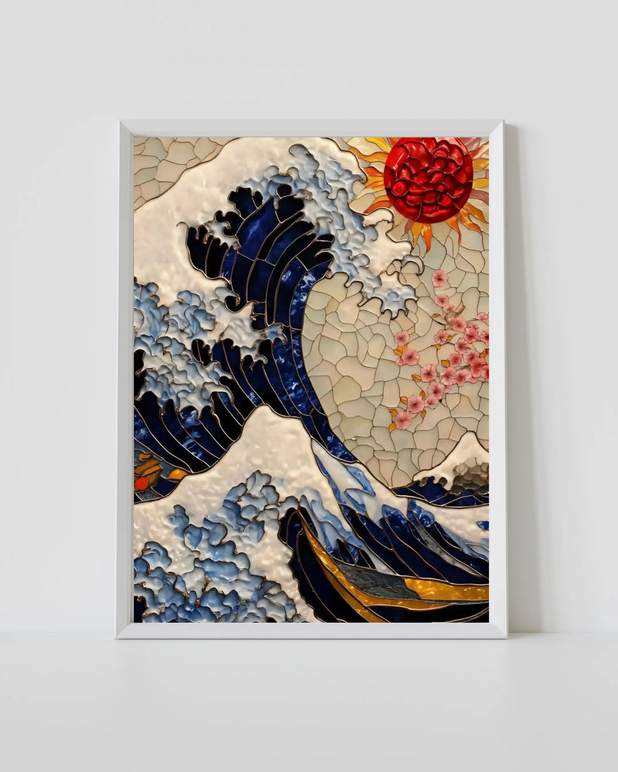 Impresión artística abstracta de ondas con marco blanco, motivos de ondas azules, flor roja y textura agrietada