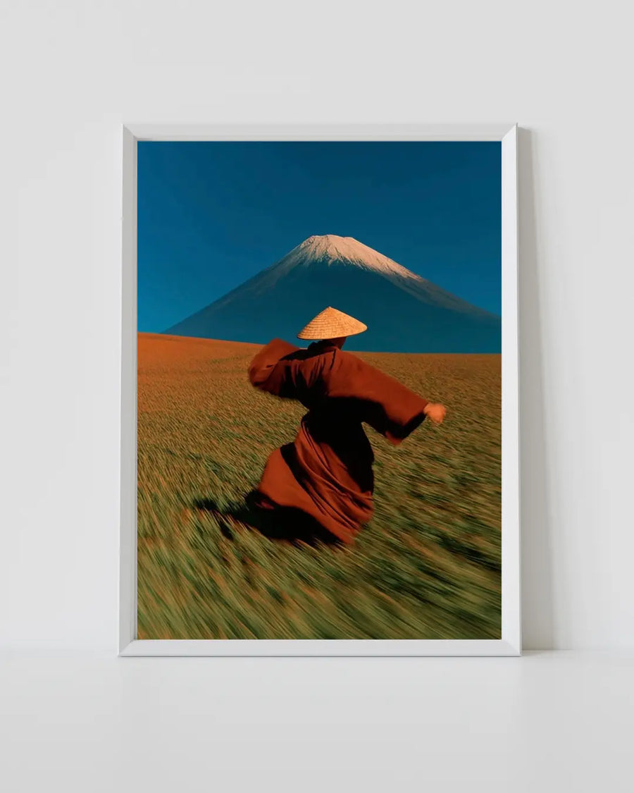 Impresión con marco blanco: persona con poncho oscuro, sombrero naranja, paisaje de montaña