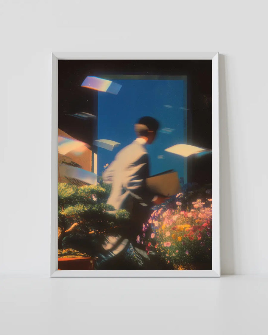 Framed art print featuring a blue scene with a person, flowers, and glowing lights