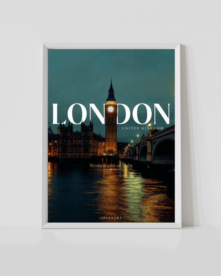 Framed London Westminster poster with clock tower and river scene