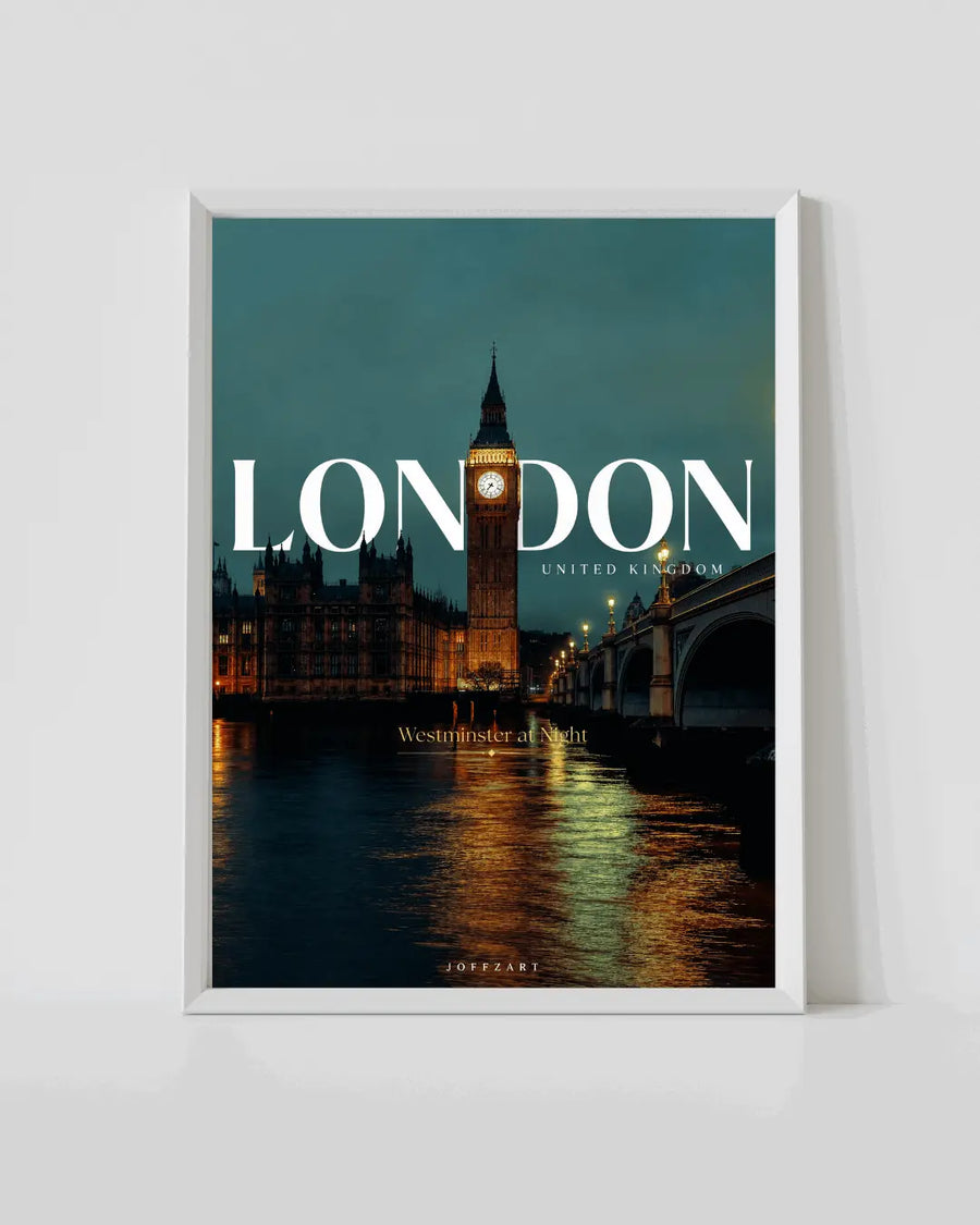 Framed London Westminster poster with clock tower and river scene