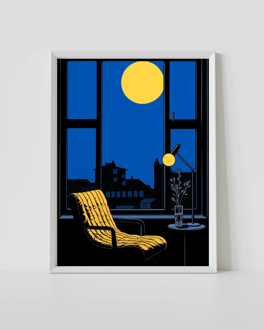 White-framed print mural con ventana nocturna azul, sol amarillo, silla y jarrón