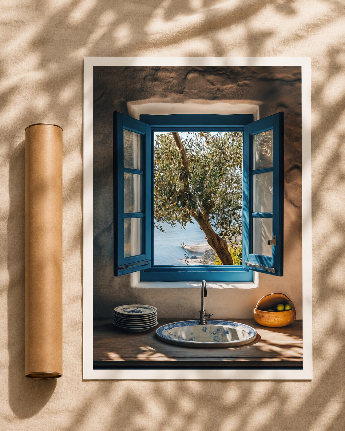White-framed window print with blue shutters and an olive tree scene