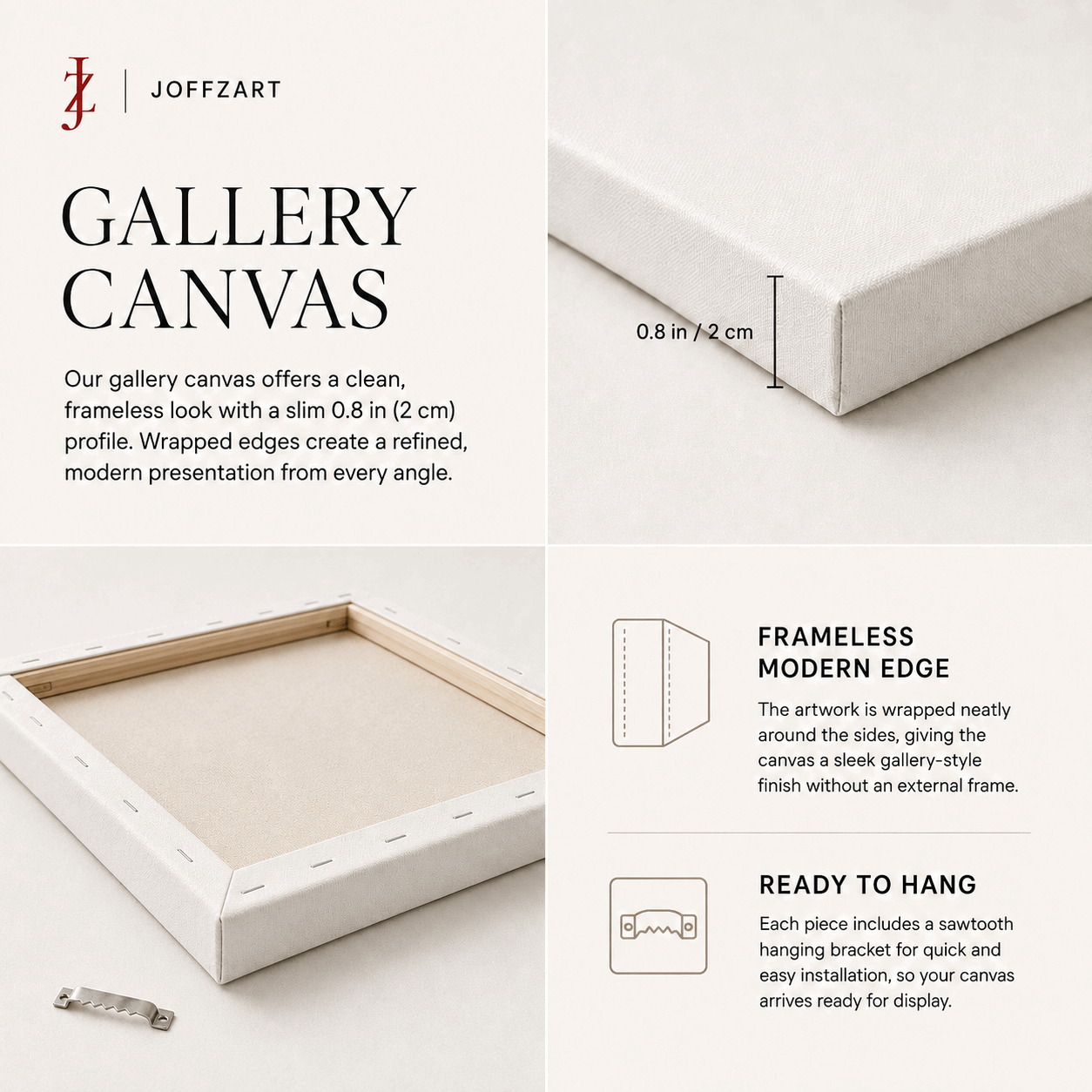 Gallery canvas info diagram showing modern edge wrapping and ready-to-hang design