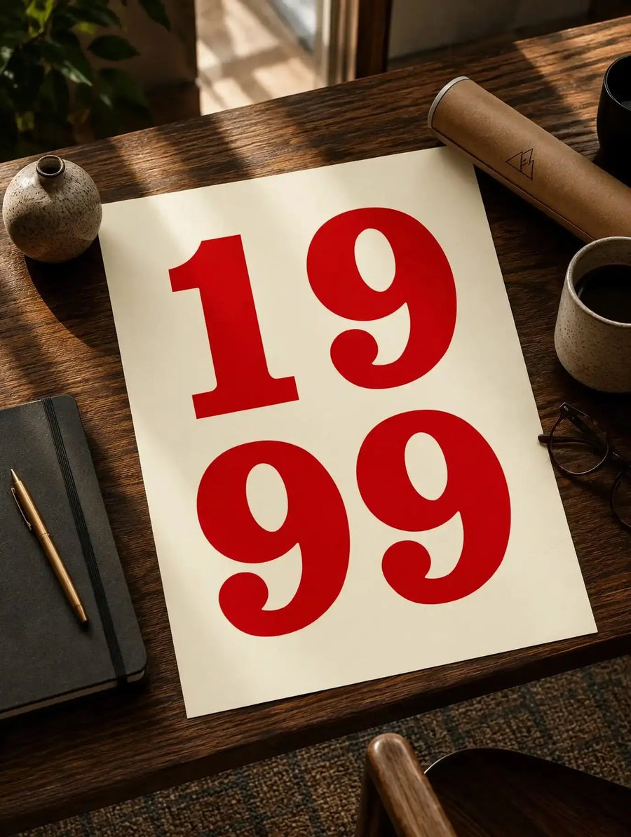 Unframed number typography print with red “1999” digits on cream paper