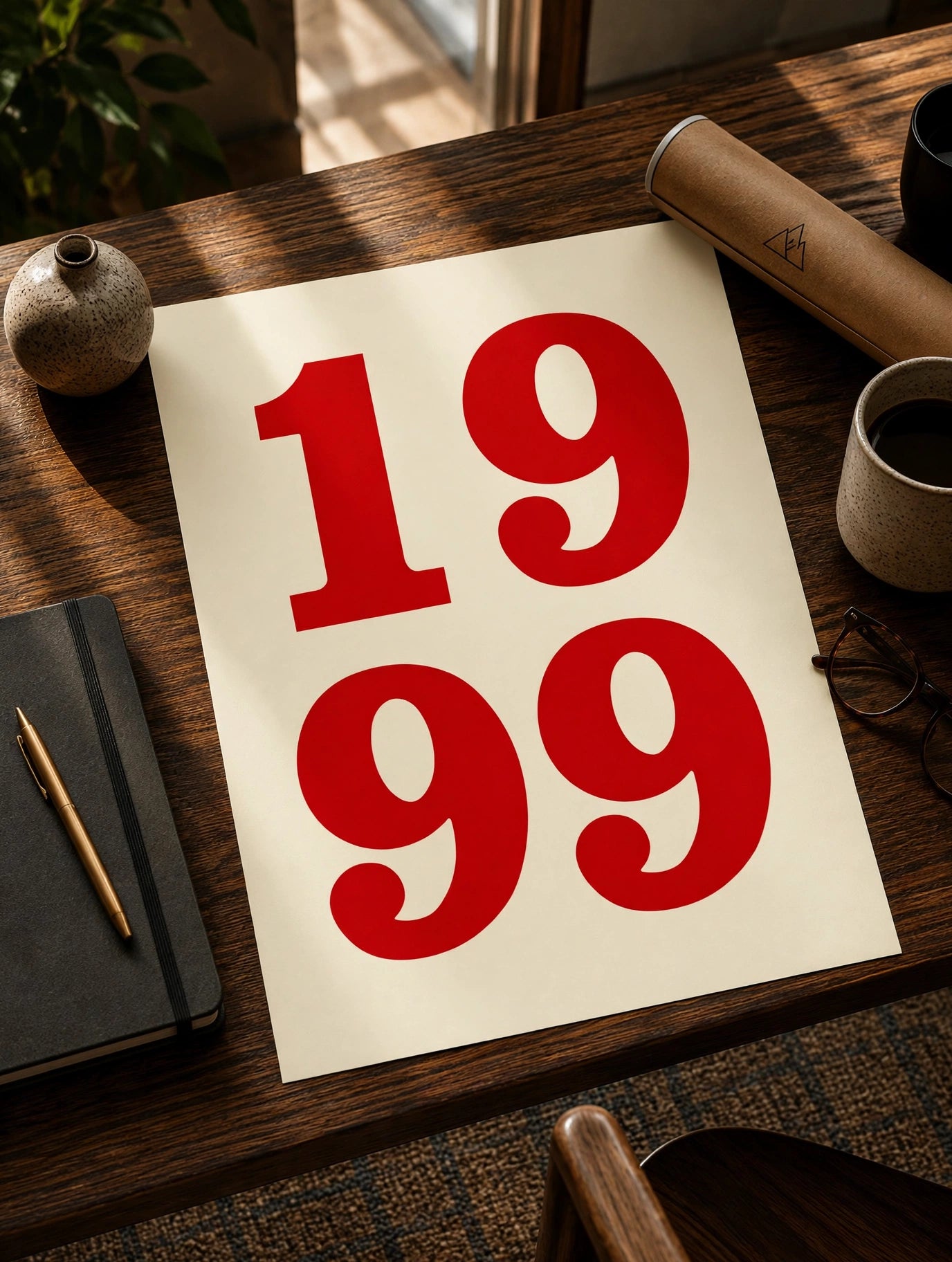 1999 Number Typography Print displaying large red numbers in a balanced minimalist composition for modern interiors.