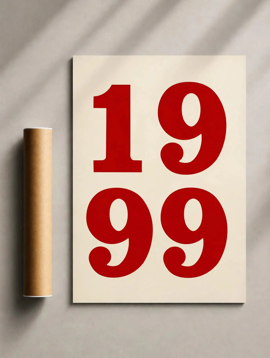 Gerahmter roter Zahlen-Typografieprint mit den Ziffern 1999 auf cremefarbenem Papier