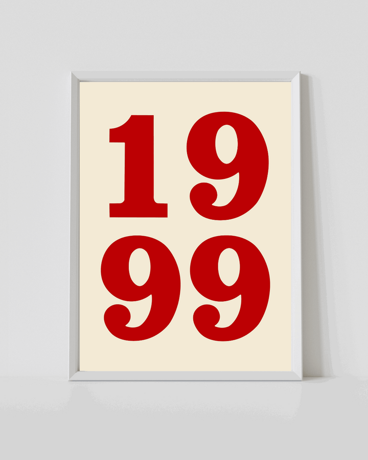 White-framed number typography print with red “1999” on cream background