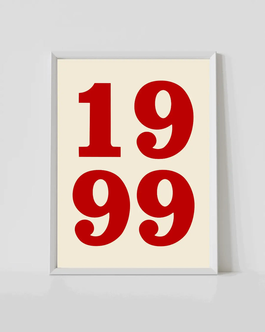 White-framed number typography print with red “1999” on cream background