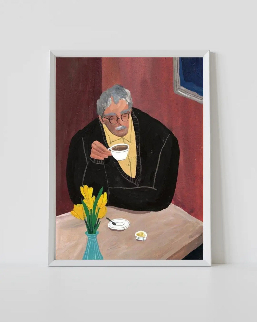 Coffee Hour framed print: portrait of man holding a cup at a table with flowers.