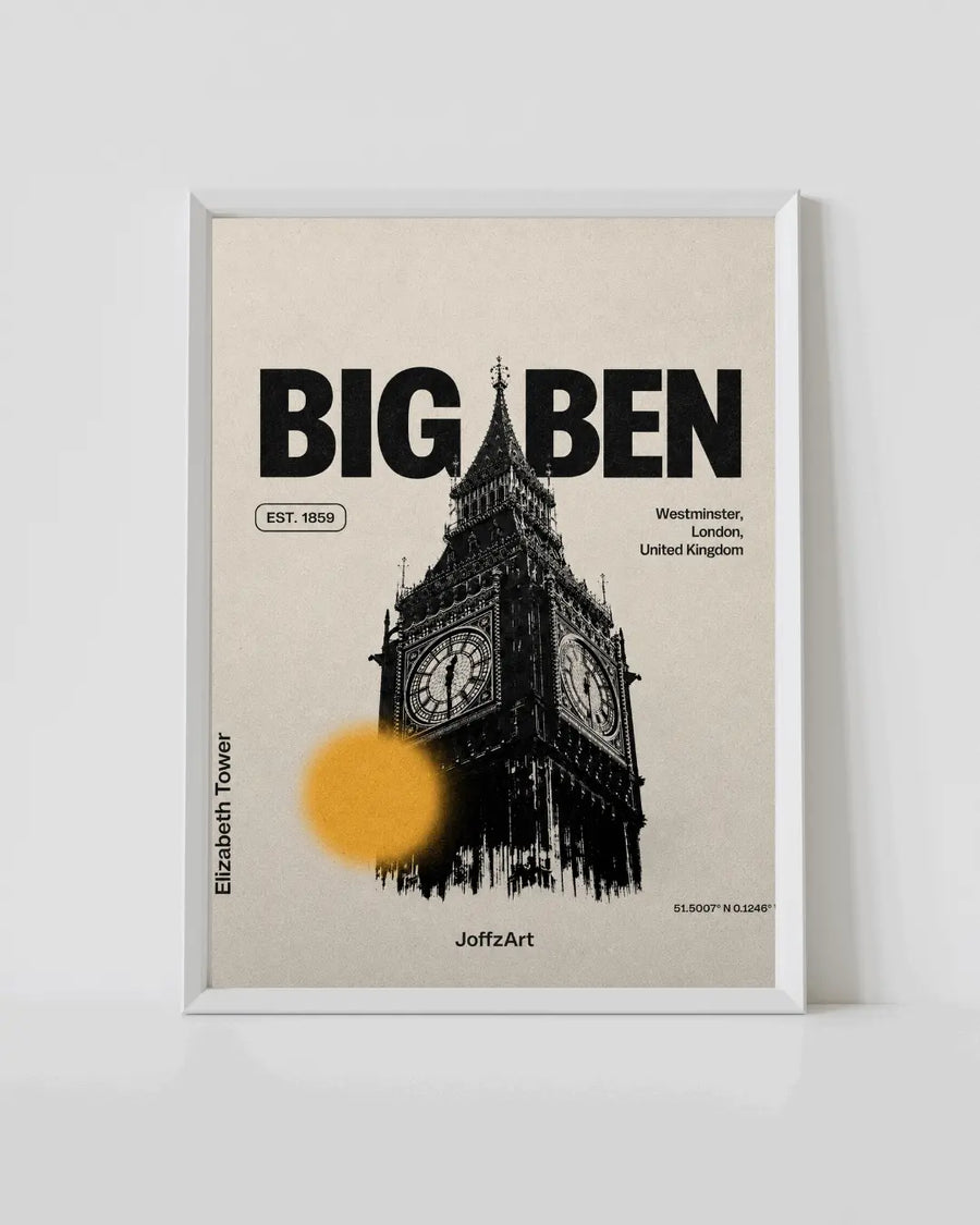 Framed wall poster with Big Ben tower graphic in black and white, white border.
