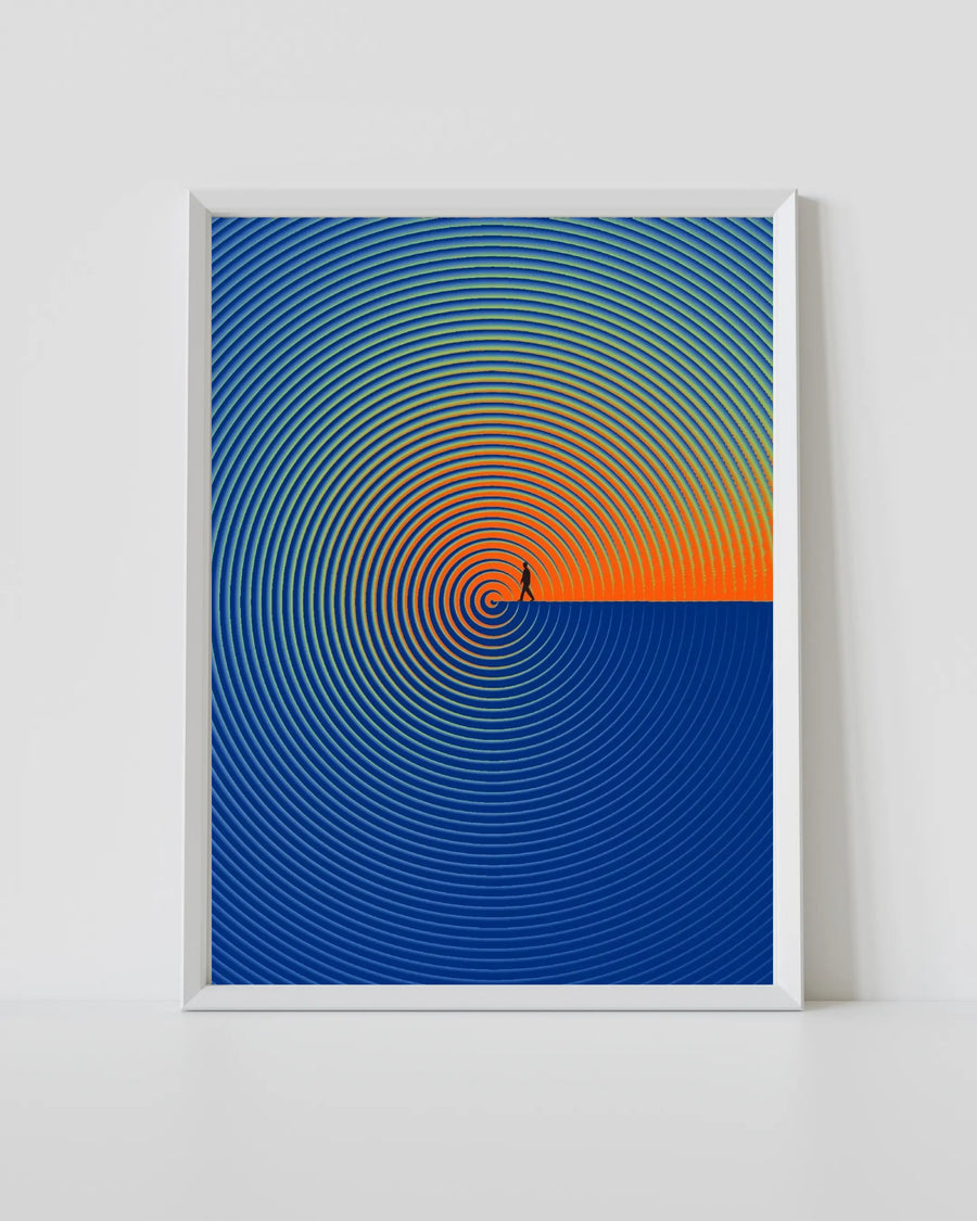 txt
Lámina decorativa con marco blanco y líneas concéntricas azules y horizonte en espiral naranja