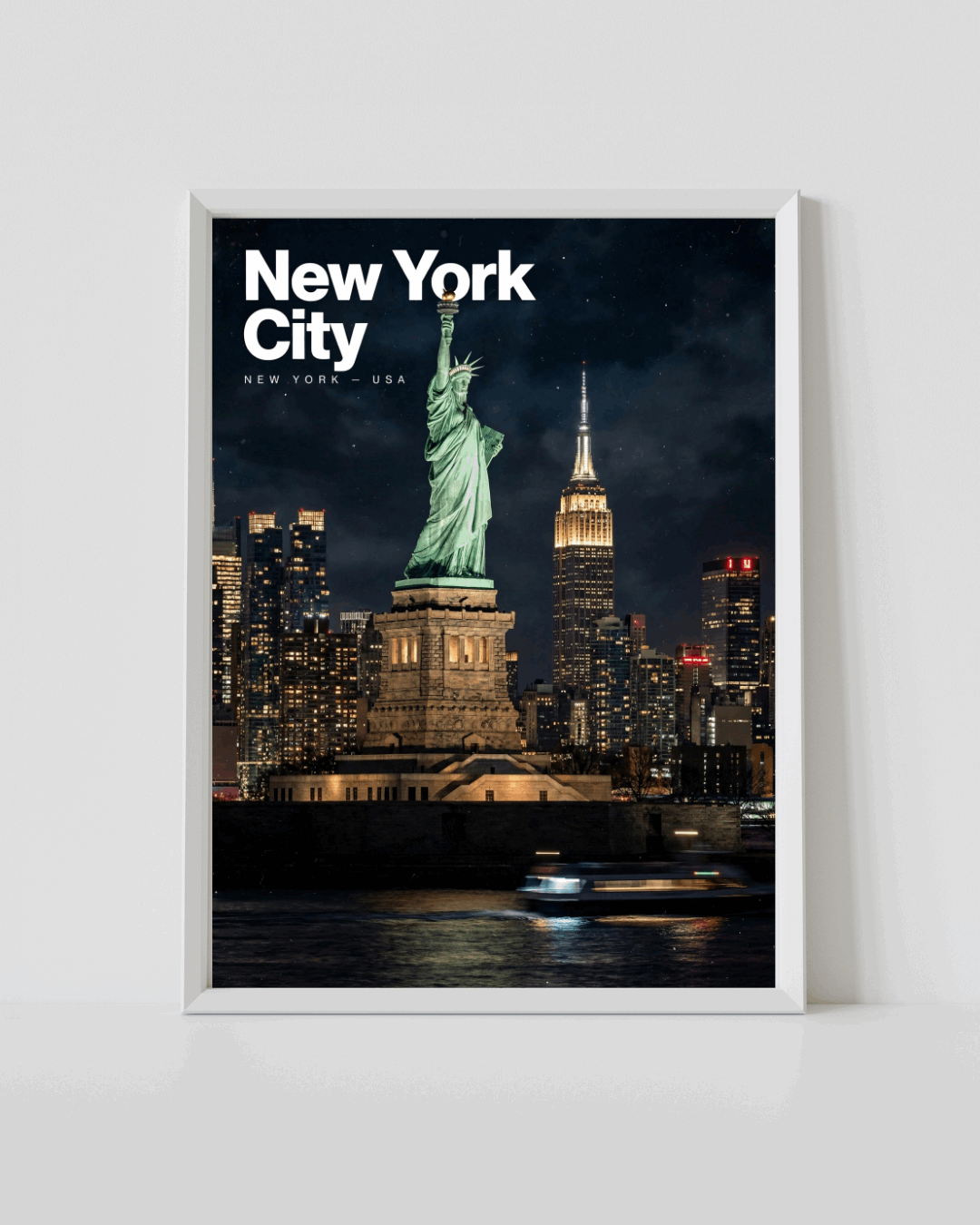 Framed New York City travel poster with Statue of Liberty and skyline