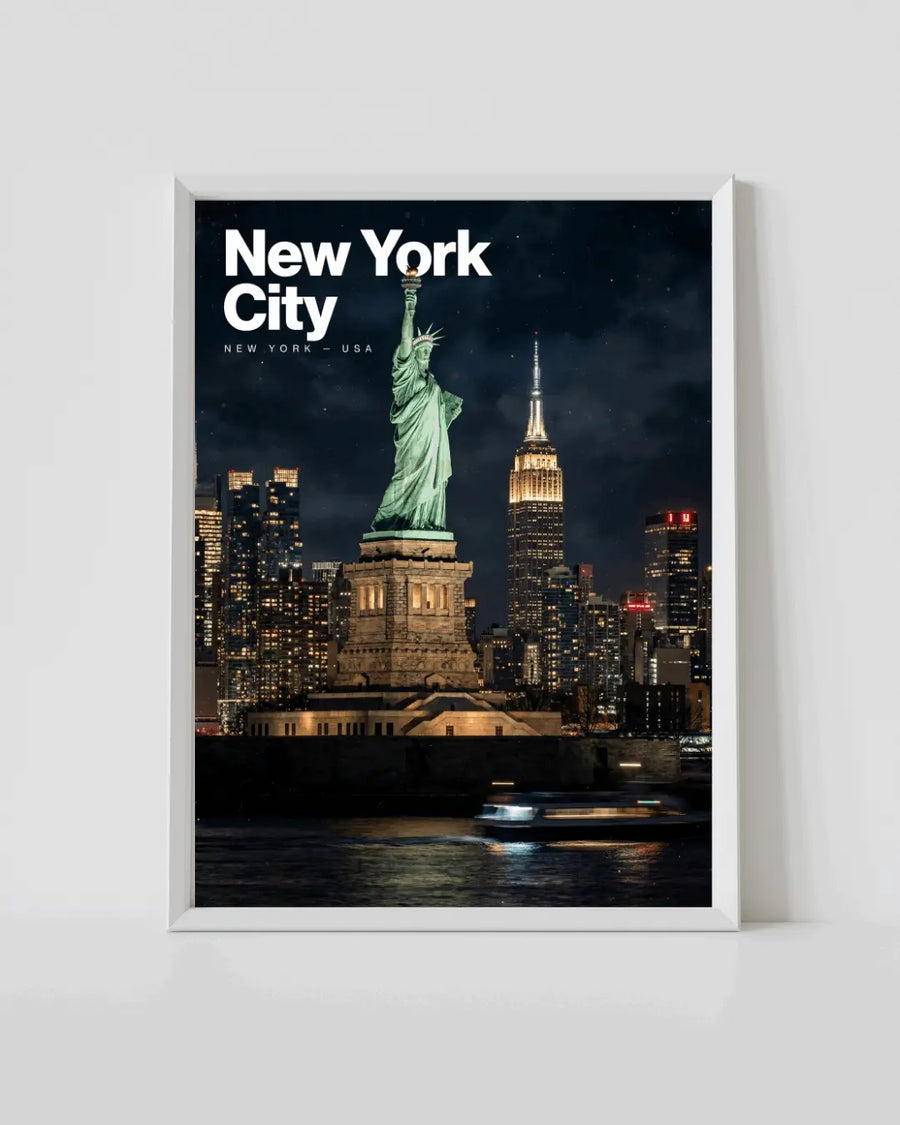 Framed New York City travel poster with Statue of Liberty and skyline