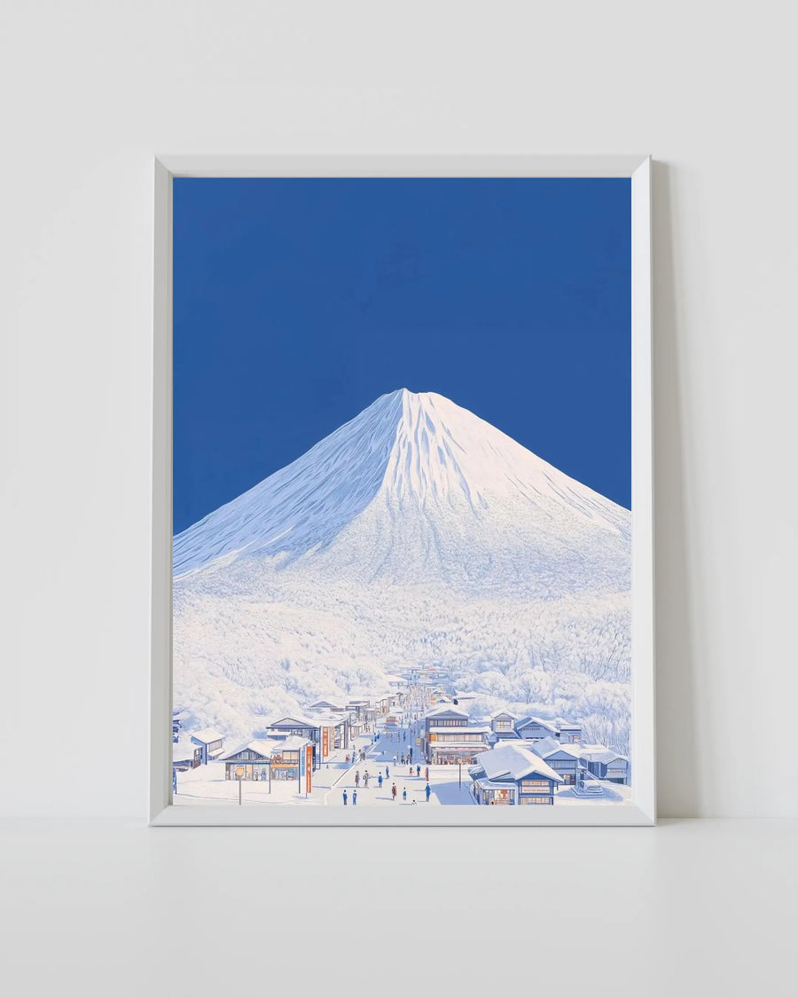 Cuadro de pared enmarcado con paisaje del Fuji, cielo azul y montaña nevada con pueblo invernal