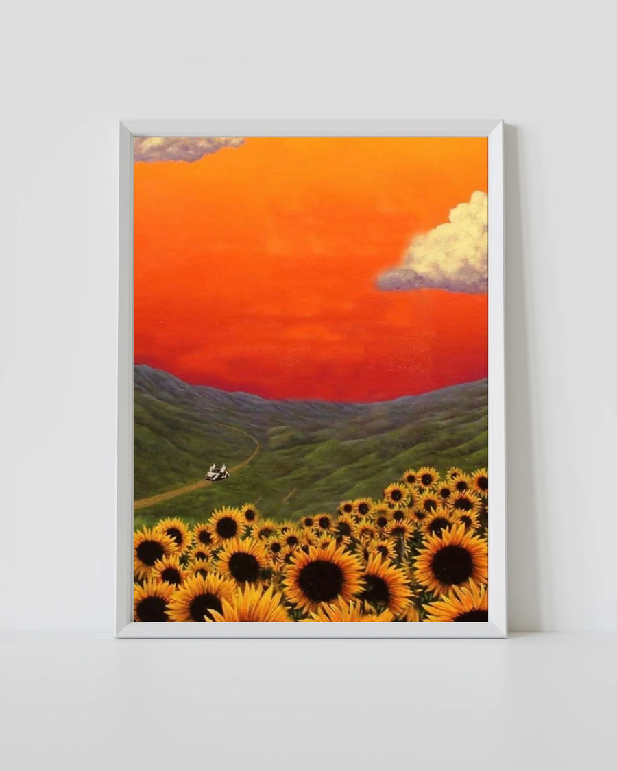 Landschaftskunstdruck mit weißem Rahmen, orangefarbenem Himmel, Sonnenblumen und gewundener Straße