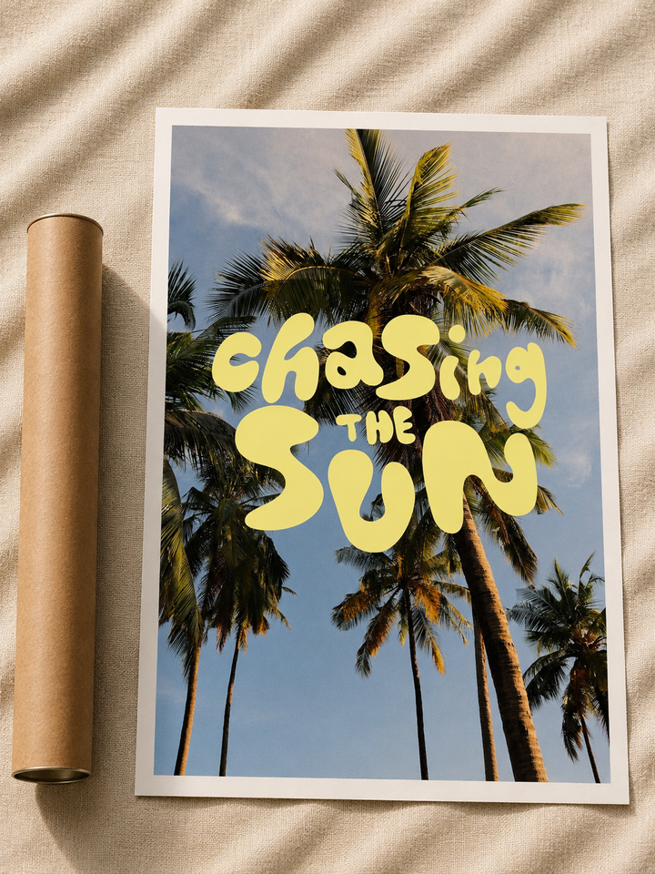 Chasing the Sun Typography Print featuring tropical palm trees beneath a bright blue summer sky