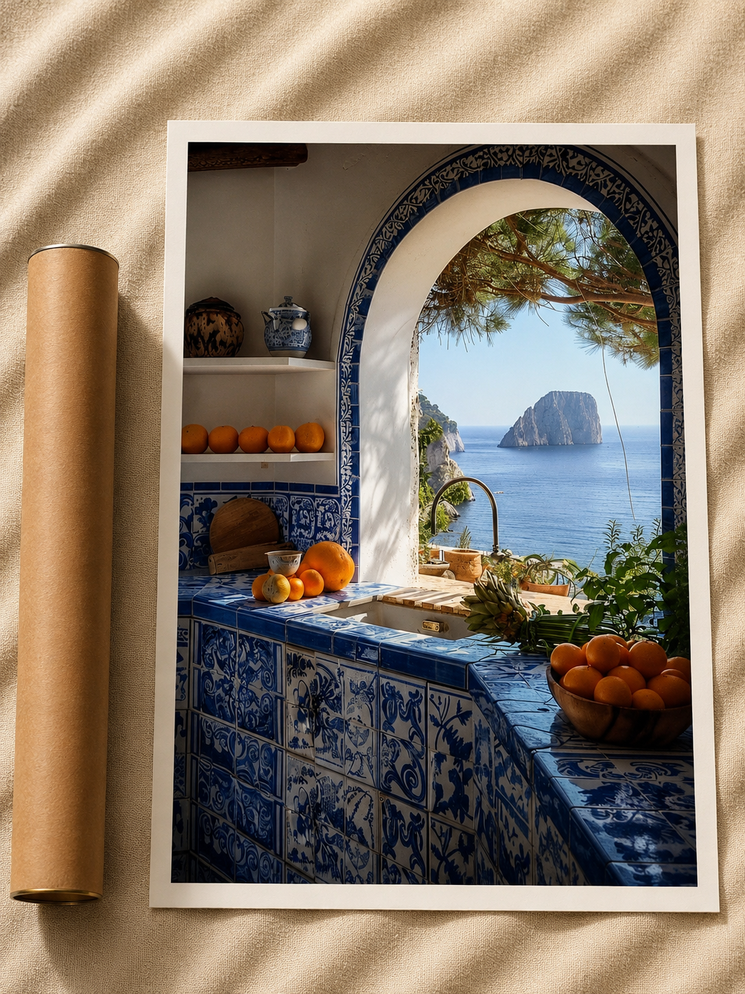 Coastal Window Print with an arched stone window overlooking the sea above handcrafted blue ceramic tiles and fresh oranges.