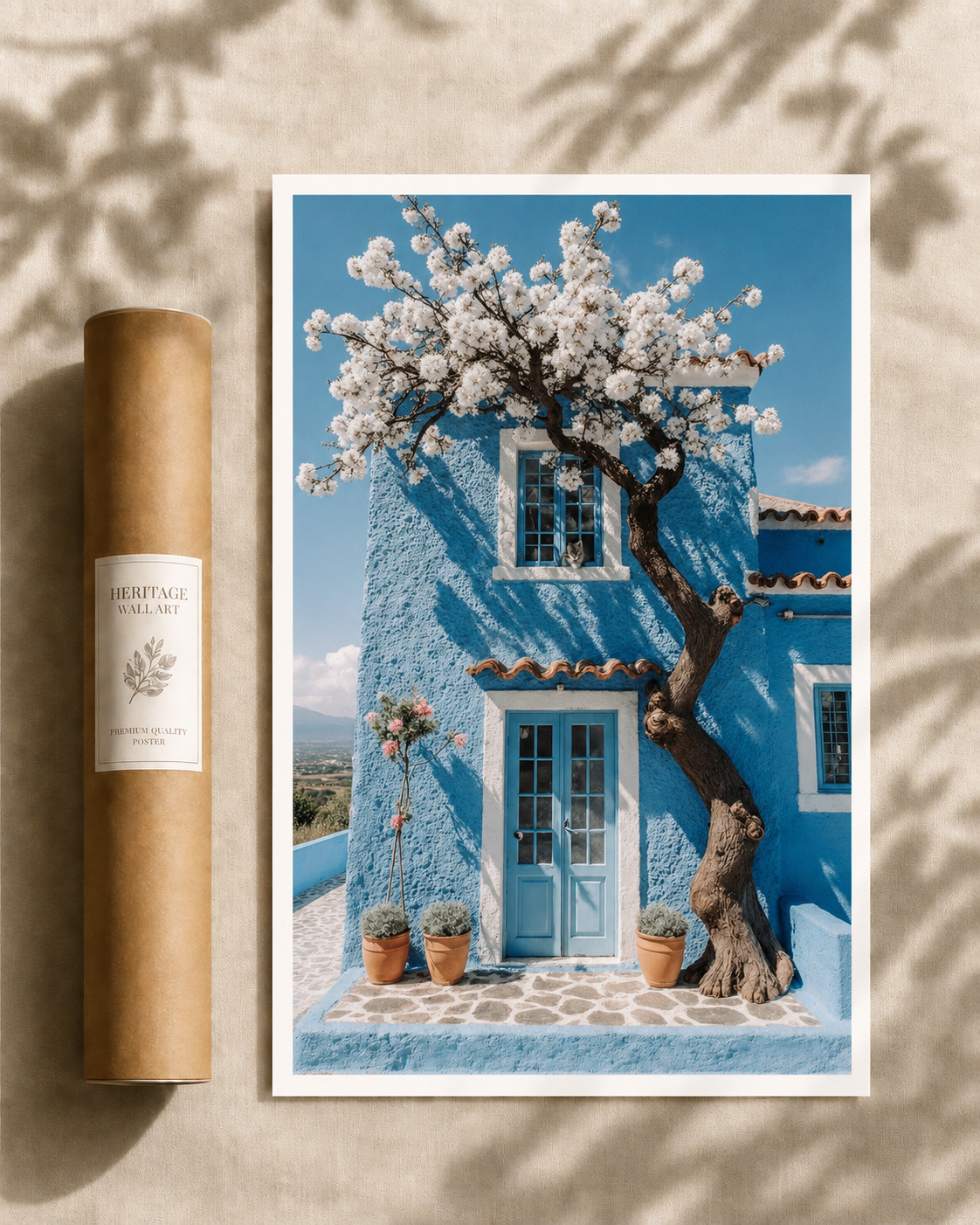 Blooming Blue Cottage Print featuring a charming blue cottage with blooming white flowers and Mediterranean architecture.