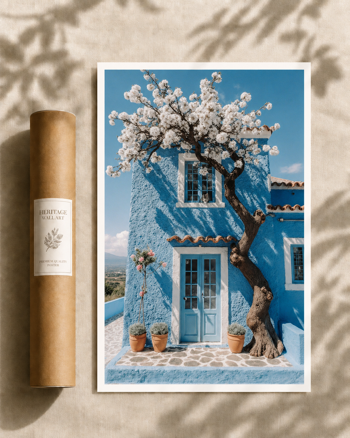 Blooming Blue Cottage Print featuring a charming blue cottage with blooming white flowers and Mediterranean architecture.