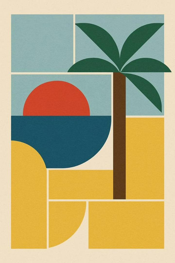 Bauhaus Tropical Art Print combining a dark green palm, setting sun and structured modernist shapes
