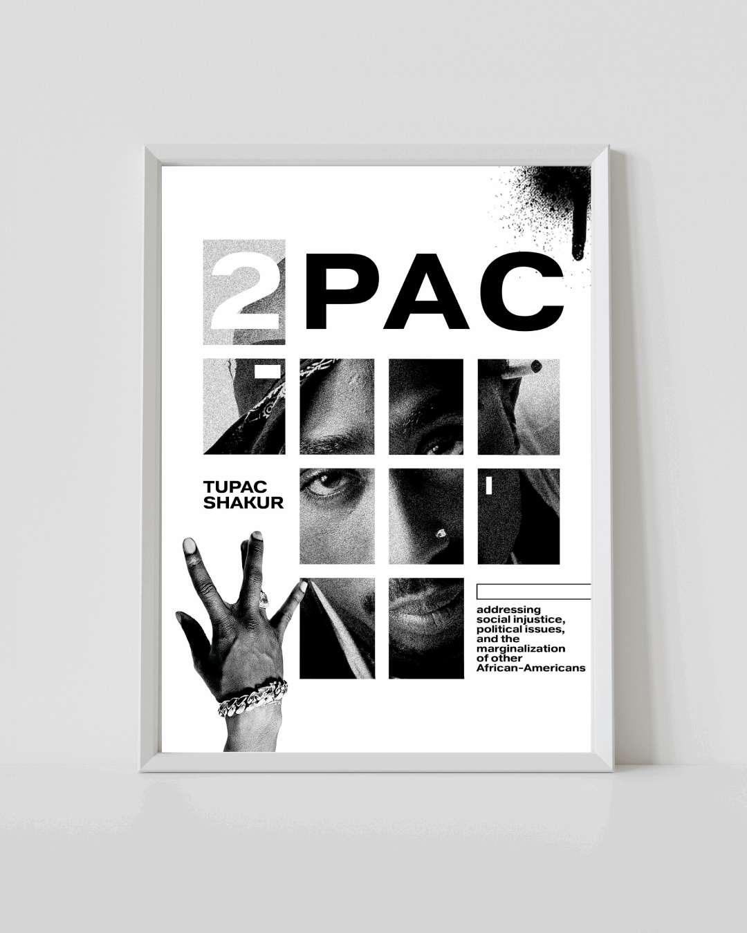 Framed poster with 2PAC typography collage and Tupac Shakur text, white border
