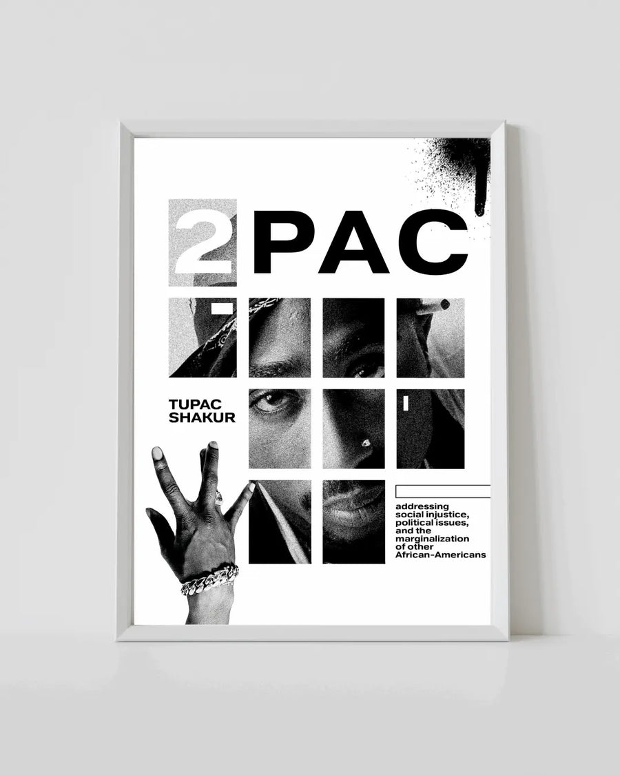 Framed poster with 2PAC typography collage and Tupac Shakur text, white border