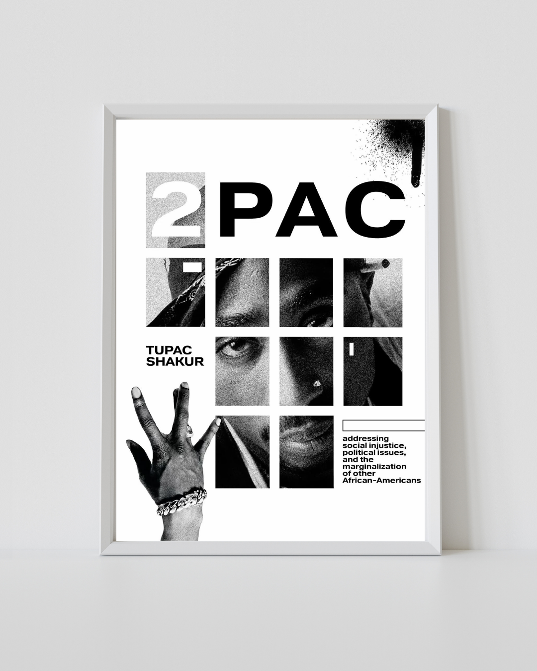 2Pac Tupac Shakur Schwarz-Weiß-Typografie-Collage-Poster in weißem Rahmen