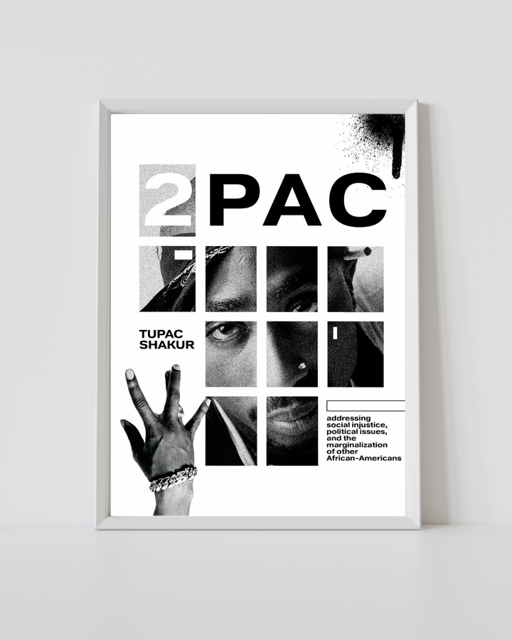 2Pac Tupac Shakur black and white typography collage poster in a white frame