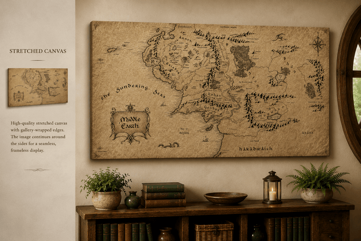 Stretched canvas fantasy map with parchment print and compass rose