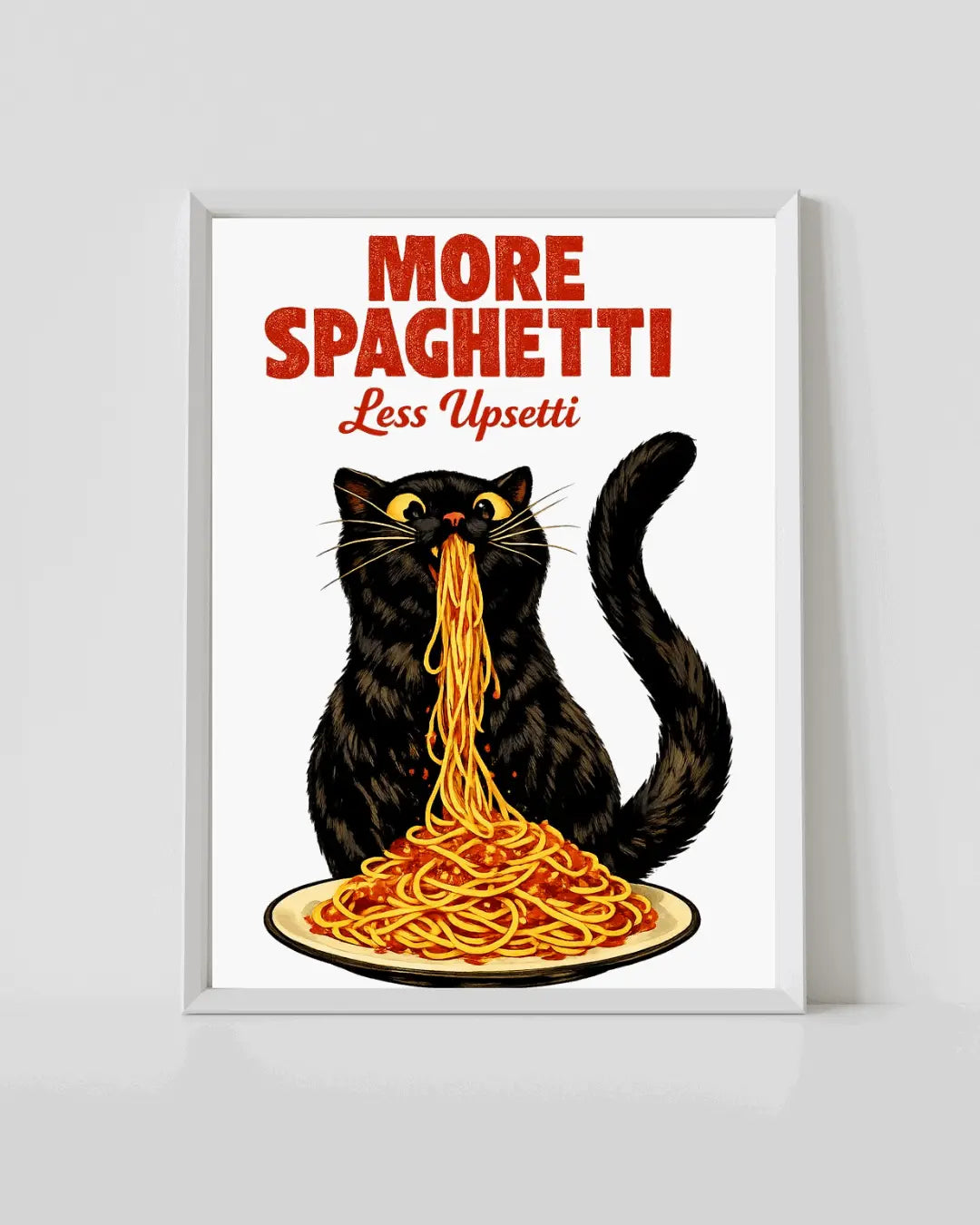 Spaghetti Upsetti Art Print presented in a white frame featuring a black cat sitting over a plate of spaghetti