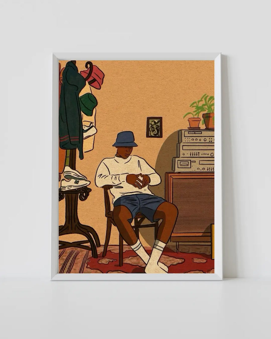 White-framed illustrated art print with seated man and music-themed interior scene